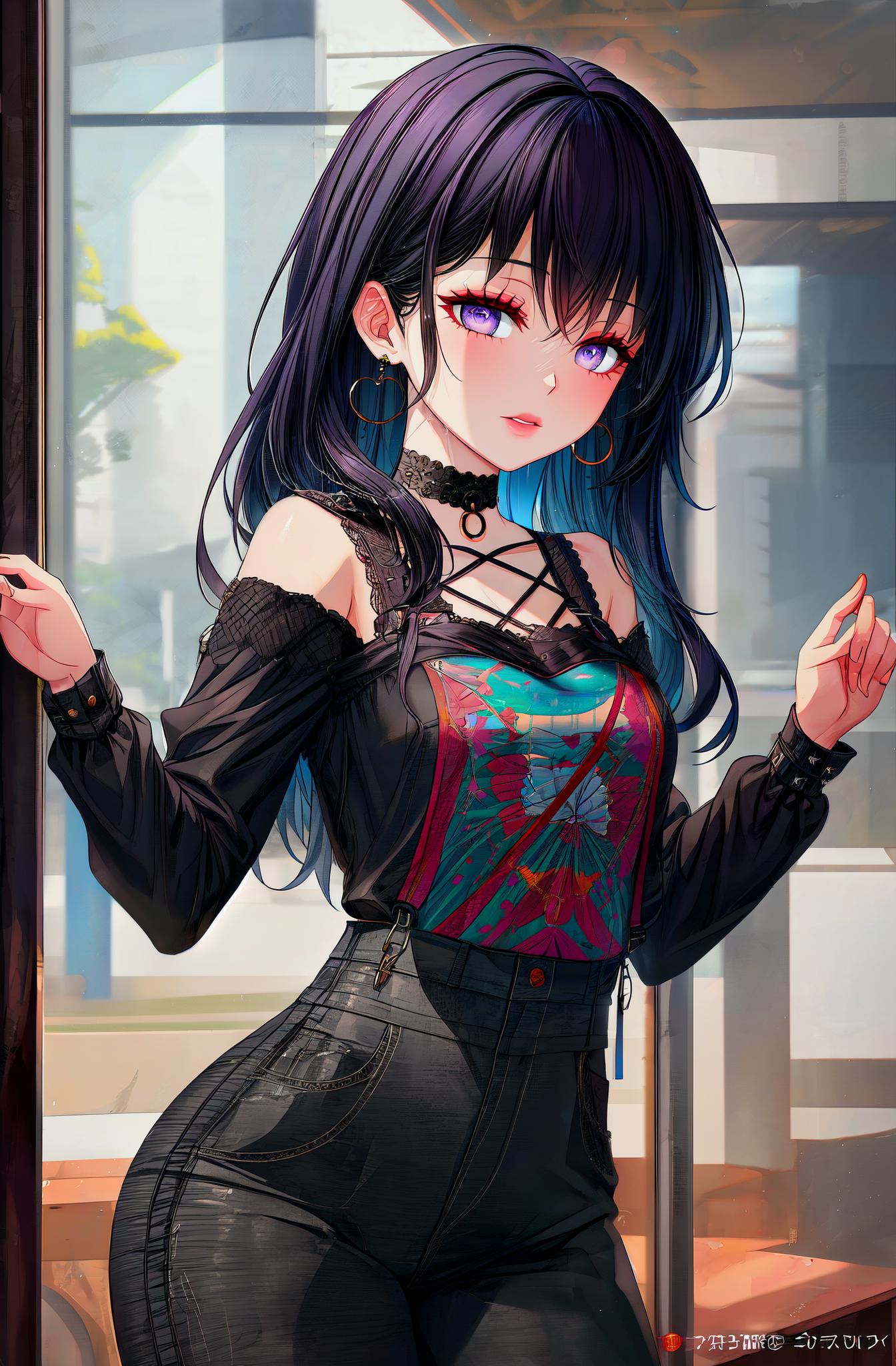 A woman with long black hair and a colorful top posing - SeaArt AI