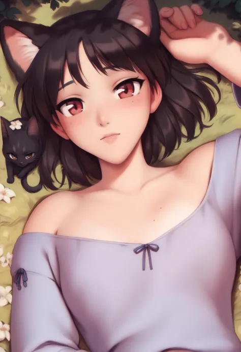 1girl, <lora:tsukamoto_yakumo_ponyxl_DoRA_v4:1>, tyakumo, black hair, red eyes, bob cut, solo, upper body, looking at cat, lying, on back, blue shirt, long sleeves, dark, night, on grass, bush, black cat, cat on chest,
score_9, score_8_up, score_7_up, score_6_up, anime coloring, uncensored, <lora:PersonalAmi_PonyXL_resize:1>