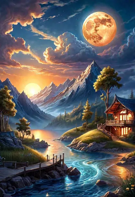 ilustración de Phil Koch, Meghan Howland luna azul Digital ral-epochelves Ilustración de un paisaje de verano puesta de sol luminismo, Fondo complejo de realismo fantástico, iluminación dinámica, pintura digital, Muy detallado intrincado 