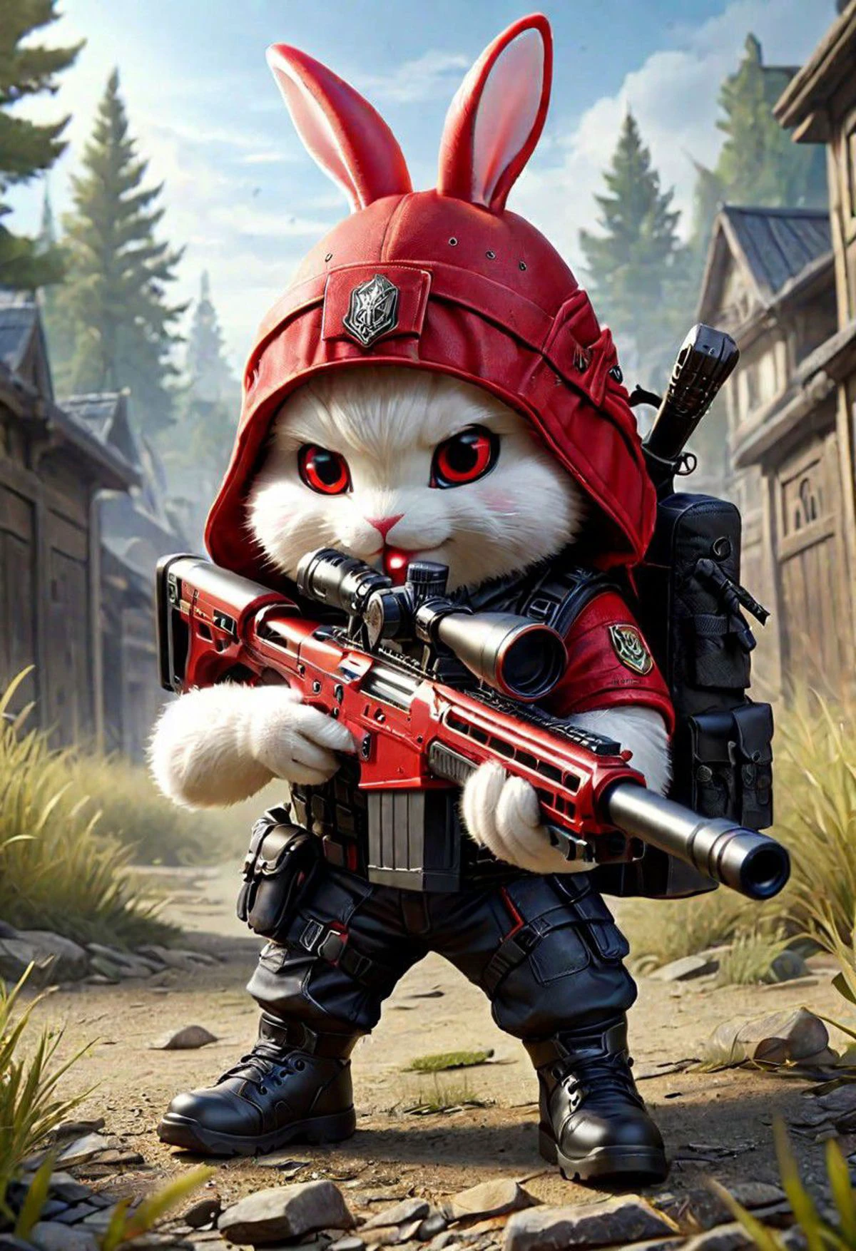 red rabbit, chibi size, tactical vest, wear hat, wear shoes, wielding Sniper Rifle, shooting, highly detailed, HD, masterpiece, best quality, hyper detailed, ultra detailed