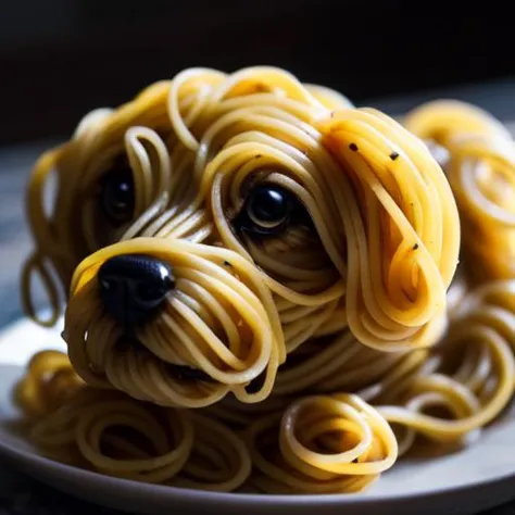 a close up of a plate of spaghetti with a dog head on it