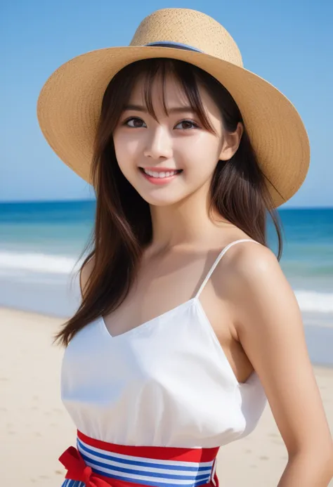 1girl, teen (white camisole dress, straw hat, red sash belt:1.5) (cute,sweet,smile,bare face,big eyes, open mouth:1.4) black hai...