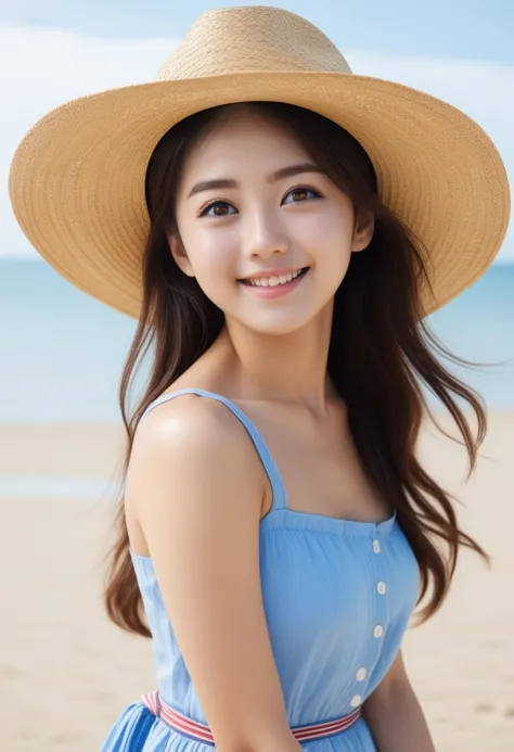 1girl, teen (white camisole dress, straw hat, red sash belt:1.5) (cute,sweet,smile,bare face,big eyes, open mouth:1.4) black hai...