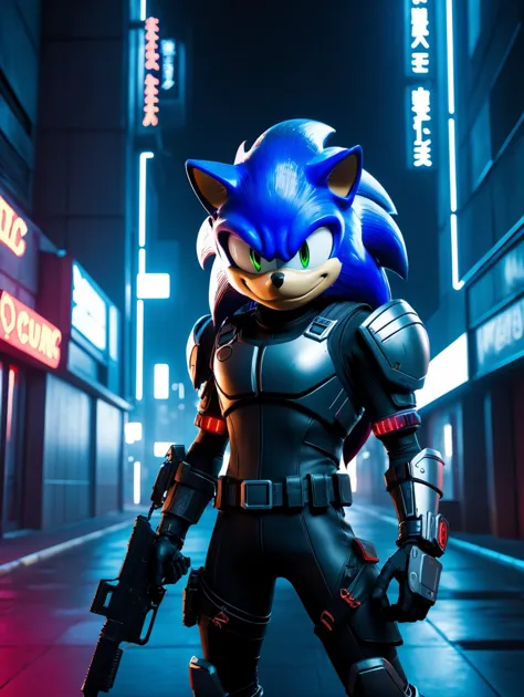 cinematic photo of Sonic the Hedgehog (Sonic the Hedgehog) as a cyberpunk style assassin is holding a high-tech gun with face tattoos, ready to fire the gun, proud pose, 
assassin is wearing a Black olive neon high-tech armor, wires and cables are connected to the assassin head and body,
The background is outside of cyberpunk neon building, night time, long distance shot, fisheye view, from above shot, high-tech sense atmosphere, (sfw:1.331), 35mm photograph, film, bokeh, professional, 4k, highly detailed