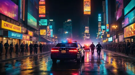 (((cinematically-realistic-perfect))) (movie-action-scene, police-chase, night, colorful-lights, reflections, advertisement, peo...