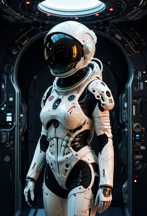 a close up of a person in a space suit standing in a room