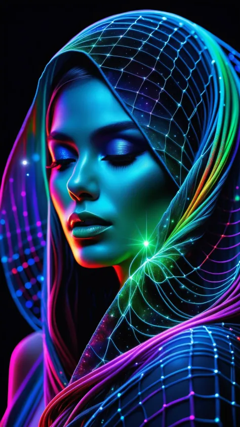 cartoon style, masterpiece, best quality, ultra high res, extremely detailed, (psychedelic art:1.4), woman, veil, visually stunn...