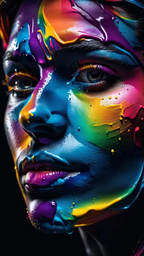 Colorful ink cascaded the canvas, forming human face. photo, studio lighting, sony a7, 35mm, hyperrealistic, big depth of field, concept art, colors, hyperdetailed, hyperrealistic, (big depth of field), (moody lighting), (ambient light), ((cinematic))