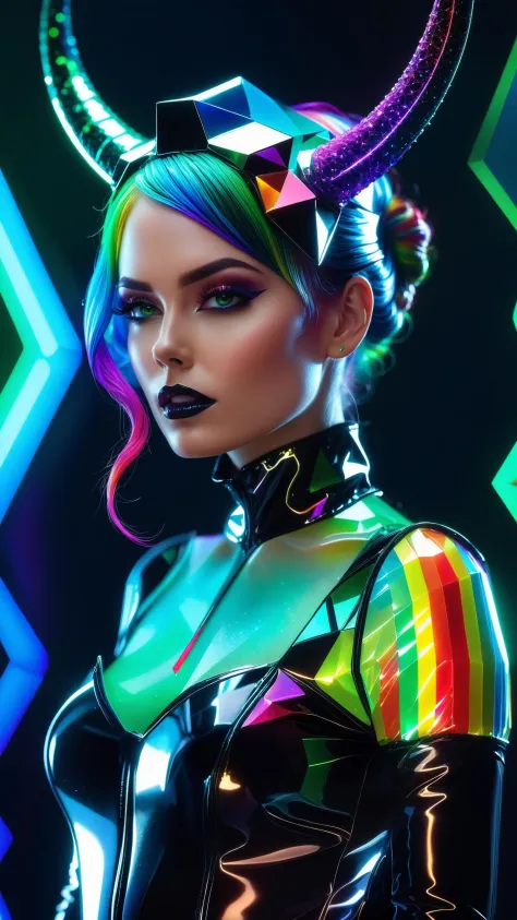 frilly hairstyle, latex dress, torso, body, 8k, ultra-detailed, highres, rainbow skin, shattered glass effect, (best quality, masterpiece:1.2), (deformad neon light:1.3), soft particles of fractal fire, volumetric lighting, (masterpiece, best quality), 1girl, intricate details, 8k, artstation, wallpaper, official art, splash art, sharp focus, dark atmosphere, black coat, black dress, white sleeves, sleeves past finger, sleeves past wrists, horns, (cottagetore), (geometric:1.2), futurism, impressionist, detailed, majestic, breathtaking, (suggestive:1.3), (depressing:1.3), (cute:1.2), enticing, (irresistible:1.3), disturbing, fascinating, (magnetic:1.2), (green), latex clothing, suggestive position, latex costume, Depth of field, vivid color, rainbow bloody veins growing and intertwining out of the darkness, (nailed wire), oozing thick blue blood, sharp neon, veins growing and pumping blood, vascular networks growing, under water, fatasy world, fatansy background
