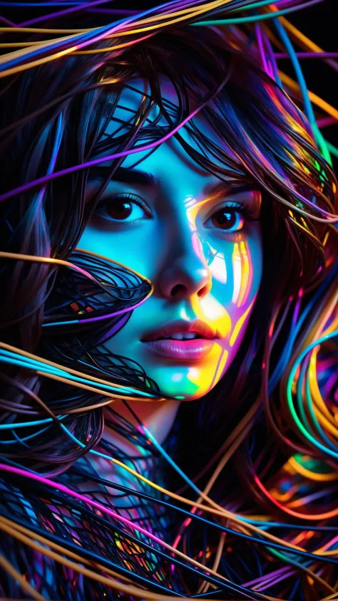 Abstract style mysterious figure emerges from the shadows in a tangled mess of iridescent wires and glowing mesh, color splash 1...