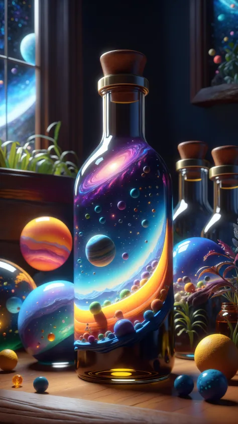 the entire observable universe in a single bottle, Dreamlike, Surreal landscapes, Mystical creatures, Twisted reality, Surreal s...