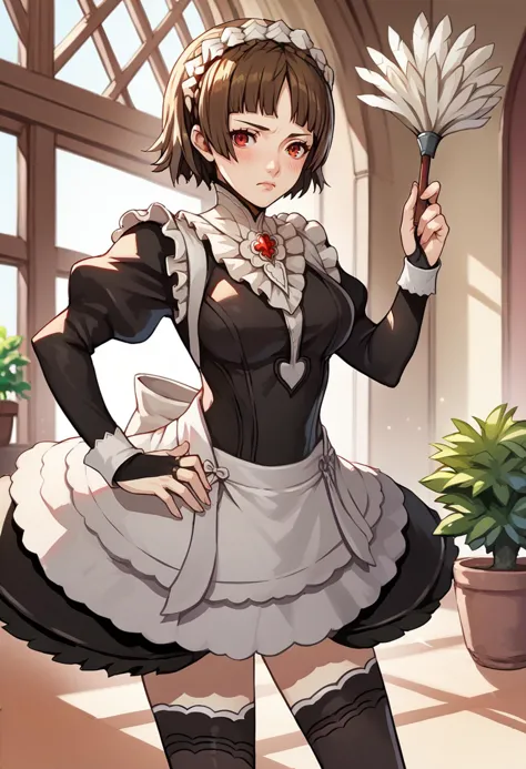 a woman in a maid outfit holding a broom and a potted plant