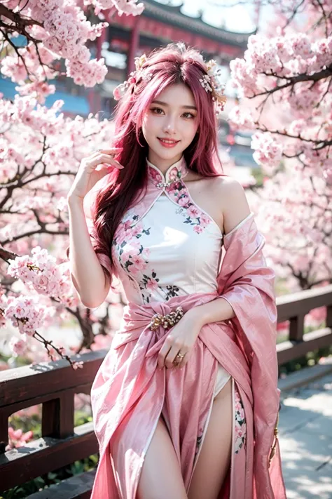 super haute résolution,Meilleure qualité,(seulement:1.4),4k,Yeux roses,1fille,pink cheveux,cheveux flower,pointu_oreilles,long cheveux,cheveux_ornement,vêtements chinois,sourire,regarde le public,cuisse,debout,cerise_fleurs,