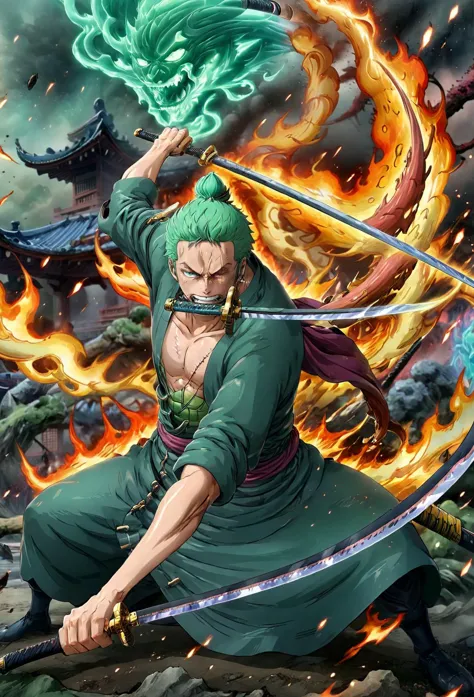 a man with green hair and a sword in front of a fire