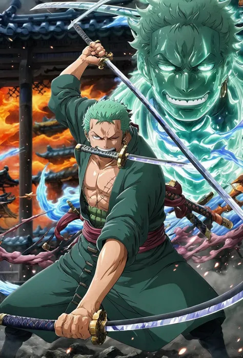 a man with green hair holding two swords in front of a demon