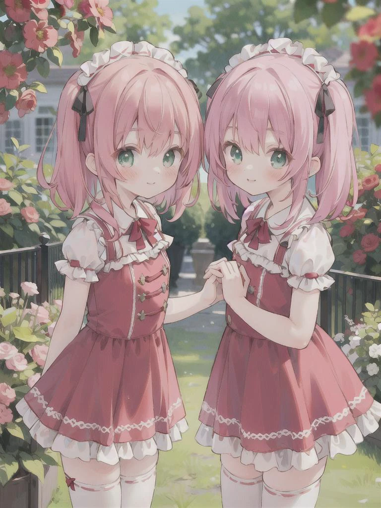 masterpiece, best quality, ultra-detailed, 2girls, childen, twins, pink hair, short twintail, green eyes, smile AND embarrassed, twins fashion, red dress, frill, ribbon, red headdress, in flower garden, shakehands, close up, from above