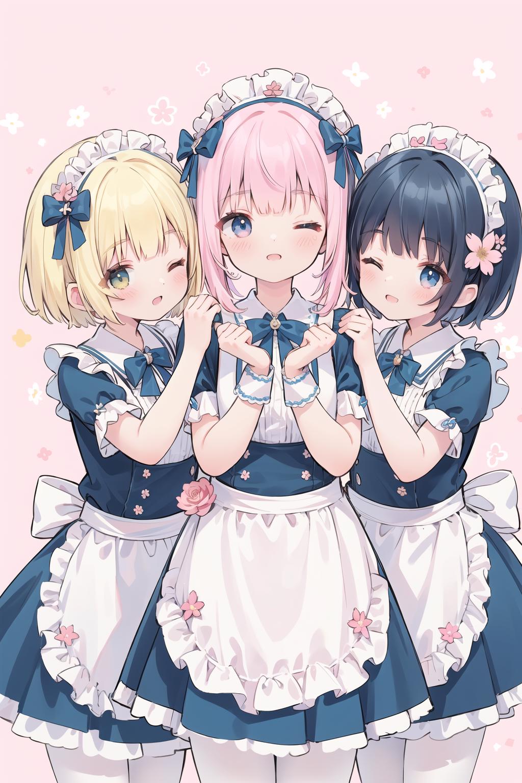 Three anime girls in maid outfits posing for a picture - SeaArt AI