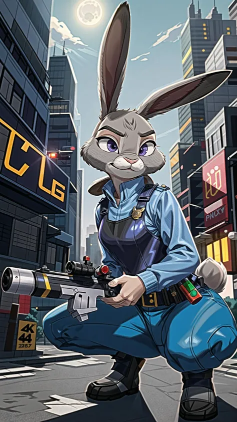 cartoon rabbit with gun in city street with buildings and sky