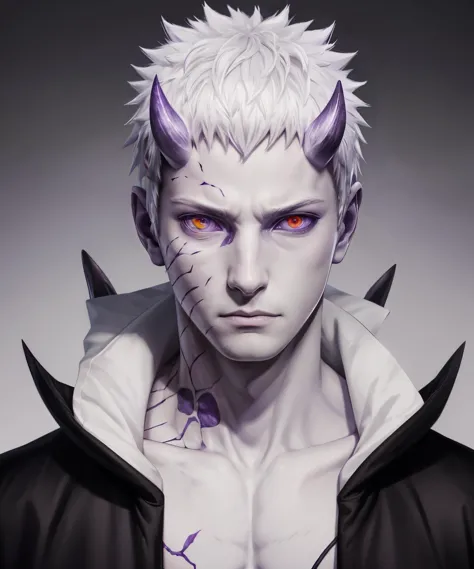 Obito, 1boy, pale skin, short hair, white hair, black pants, horns, purple aura, heterochromia, red eye, purple eye <lora:Obito_Jinchuriki:0.6>, digital painting, very detailed, best quality