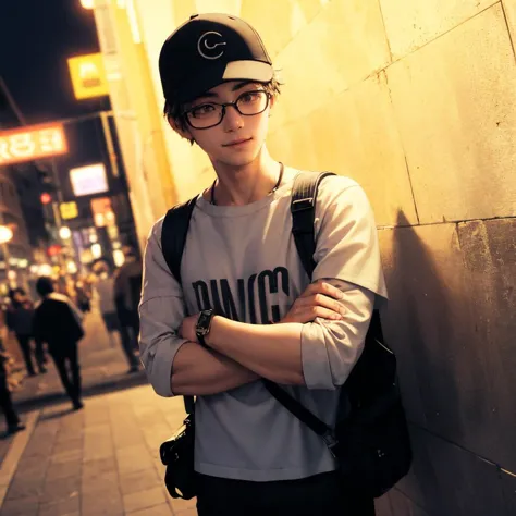 1boy, 22 year old man leaning against the wall, masterpiece, best quality, high quality, absurdres, 4K, highly detailed, high detailed faces, bright eyes, streets of Tokyo, ((nightime:1.3)), smile, crossed arms, dutch angle, looking at viewer, dad cap, ((circle glasses:1.1)), converse, black crossbody bag, (face mask:1.1)