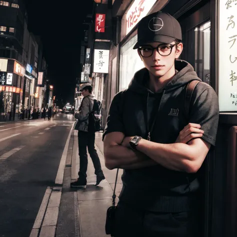 <lora:lowra_v10:0.4>, 1boy, 22 year old man leaning against the wall, masterpiece, best quality, high quality, sharp face detail, absurdres, 4K, highly detailed, high detailed faces, bright eyes, streets of Tokyo, ((nightime:1.3)), smile, crossed arms, looking at viewer, dad cap, ((circle glasses:1.1)), converse, black crossbody bag, (face mask:1.1), low key