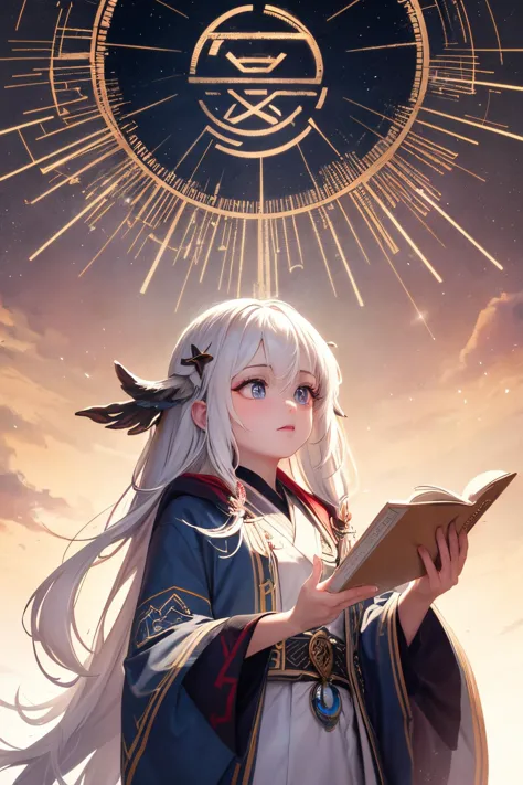 a woman in a blue dress holding a book with a sun above her head