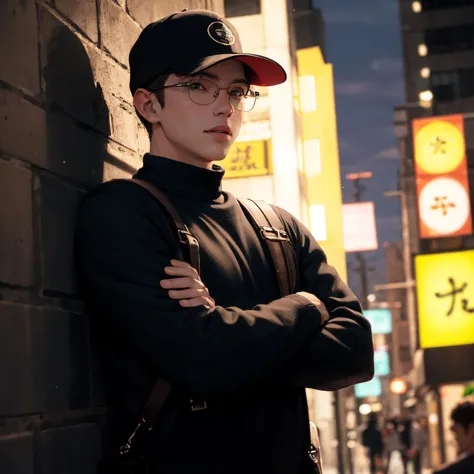 1boy, 22 year old man leaning against the wall, masterpiece, best quality, high quality, absurdres, 4K, highly detailed, high detailed faces, bright eyes, streets of Tokyo, ((nightime:1.3)), smile, crossed arms, looking at viewer, dad cap, ((circle glasses:1.1)), converse, black crossbody bag, (face mask:1.1), two tone lighting, dimly lit, low key <lora:epiNoiseoffset_v2:1>