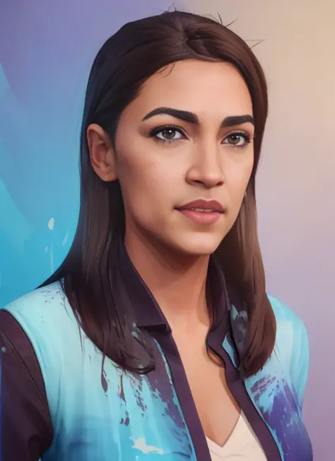 arcane style award winning (half body:1.5) portrait of a sexy alexandriaocasiocortez woman with short ombre brown and blue hairs...