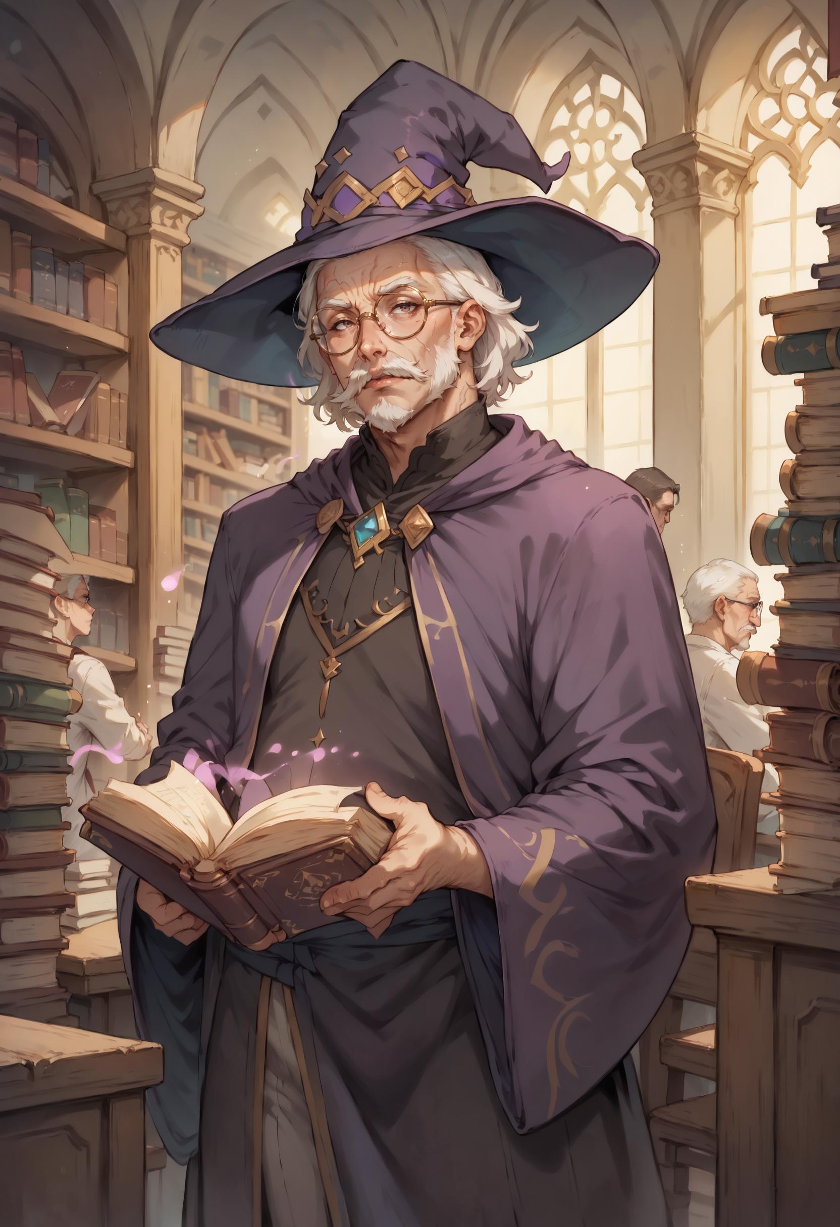 A man in a hat and glasses holding a book in a library - SeaArt AI