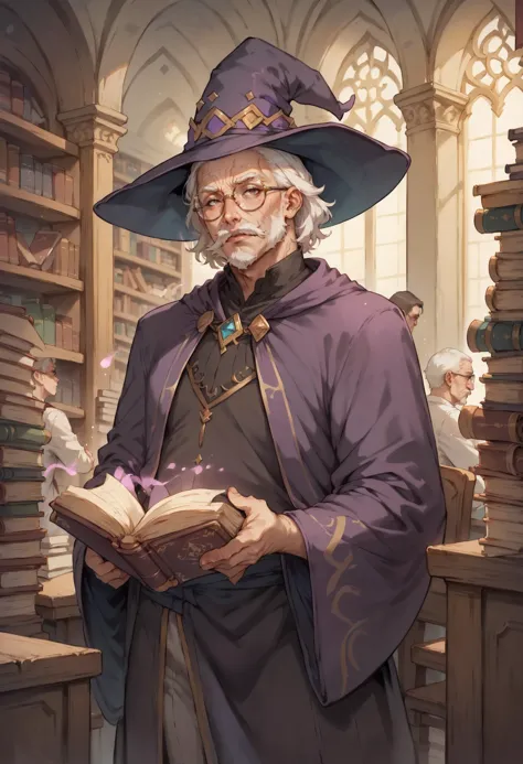 score_9, score_8_up, score_7_up, BREAK solo,male focus,indoors,wizard,mature male,long beard,mustache,library,book,robes,wizard hat,magic,white hair,wild hair,wrinkled skin,round-frame glasses,old man,