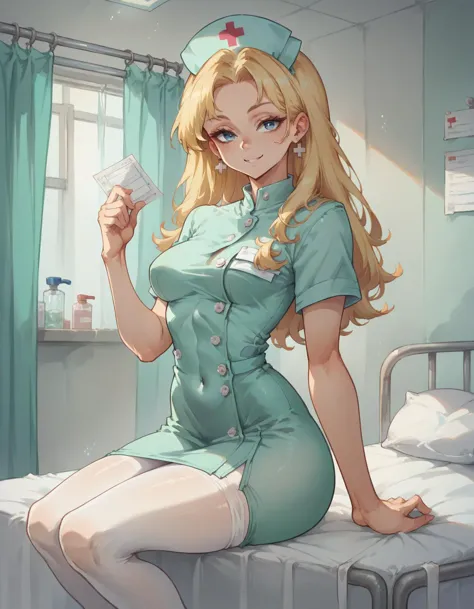 score_9, score_8_up, score_7_up, score_6_up, best quality, 1girl, nurse, solo, long blonde hair, blue eyes, hud_nrse_vintg, white nurse cap, pantyhose, mint green dress, white buttons, short sleeves, jewelry, earrings, breasts, <lora:nurse-000008:0.8>, slight smile, hospital room, contrapposto