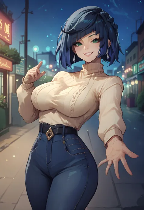 a woman in a white shirt and blue jeans standing on a street