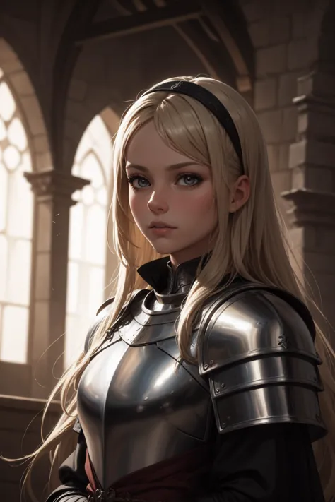 masterpiece, best quality, detailed, photo of a beautiful medieval knight, female, very long hair, face focus