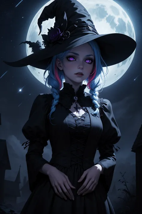 masterpiece, best quality, detailed, photo of a witch, night sky, stars, arms at sides, levitating, witch hat, gothic two toned ...