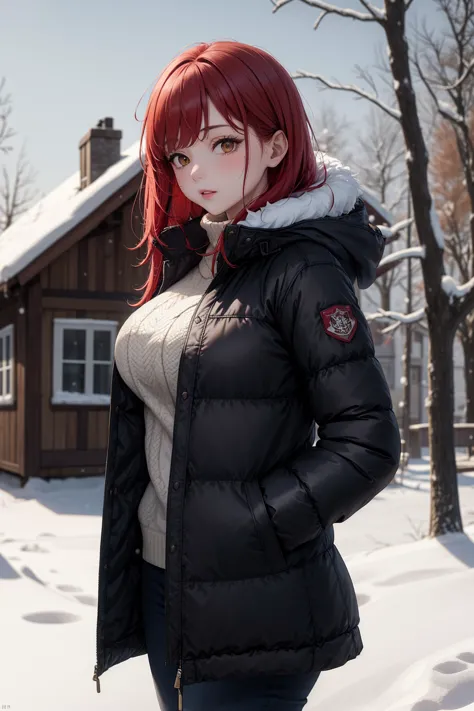 (masterpiece, best quality), photo of a woman, winter, snow, house, trees, long winter jacket, red hair, large breasts