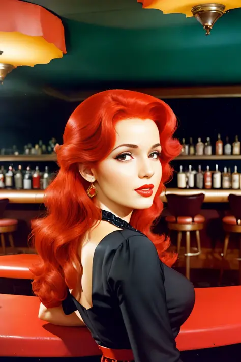 a beautiful Spanish woman with red hair at a nightclub by MidcenturyNightclub <lora:MidcenturyNightclub:1>