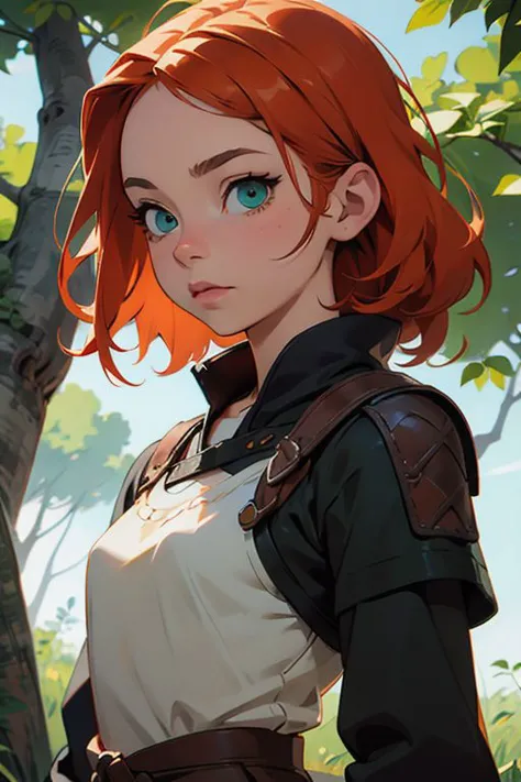 1girl, witcher outfit, small waist, orange hair, green eyes, (realistic eyes:1.3), perfect composition, 8K, intricate details, s...