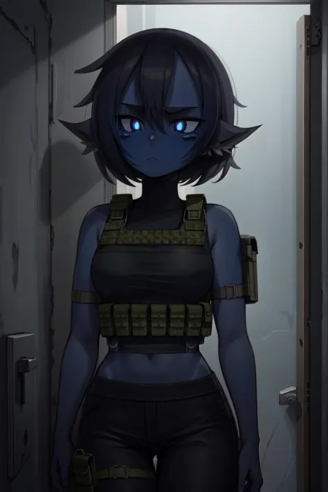 ((1girl, solo)), (blue skin), colored skin, masterpiece, best quality, glowing eyes, Smouldie, short hair, (tail:1.2), black sweater, bulletproof vest, tactical vest, holster, black pants, night, sneaking, indoors, military base, frown, looking away, metal wall, <lora:Smolder1_1:0.9>