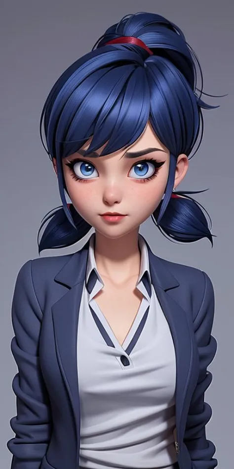 <lora:Ladybug:1> Dark blue, bob-cut hair with red-tipped ponytail, blue eyes, light makeup with winged eyeliner, neutral express...