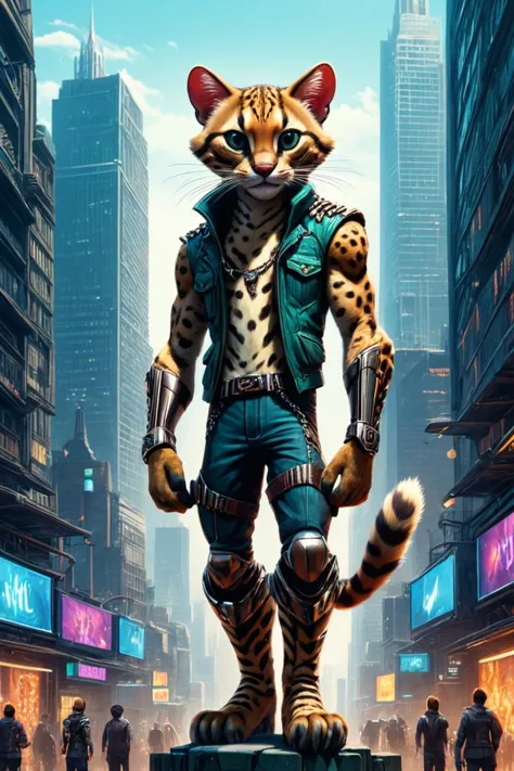 Detailed digital illustration of an anthro Ocelot (Standing on tiptoes, playful energy) at a Dystopian cityscape with giant holo...