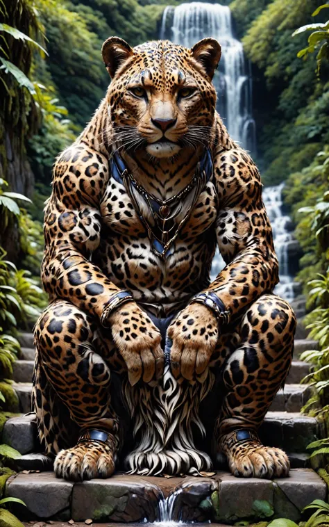 RAW photo of an anthro Leopard (Sitting gracefully on steps) at aCelestial waterfall in moonlit valley,  super detail, ultra-rea...