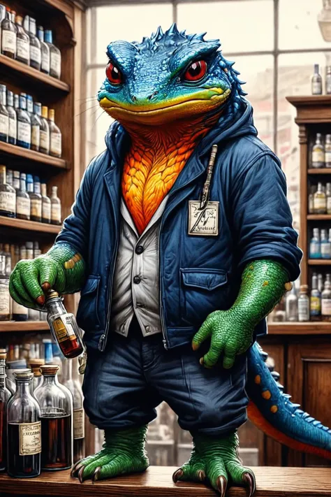 RAW photo of a anthro Newt at Victorian pharmacy lined with glass bottles,  super detail, ultra-realism, <lora:xl_more_art-full_...