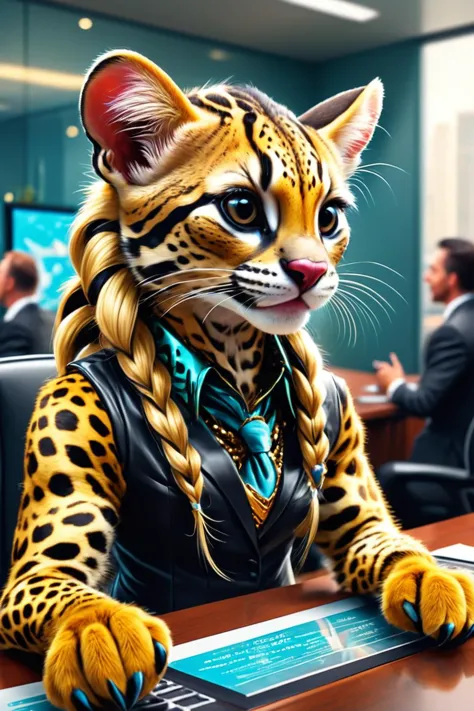 Detailed digital illustration of an anthro Ocelot (Playing with hair, exuding playfulness) at a Corporate boardroom with hologra...