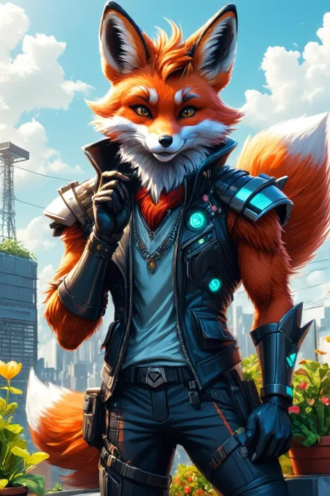 Detailed digital illustration of an anthro Fox (Blowing a kiss, sweet gesture) at a Cyberpunk rooftop garden with solar panels, ...