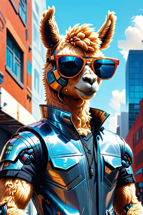 Detailed digital illustration of an anthro Alpaca cyborg (Wearing sunglasses, radiating cool confidence) at a Augmented reality street art covering buildings, c1bo