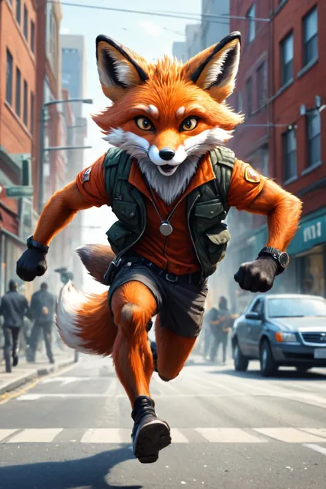 Detailed digital illustration of an anthro Fox (Running towards the camera energetically) at a Surveillance cameras on every str...