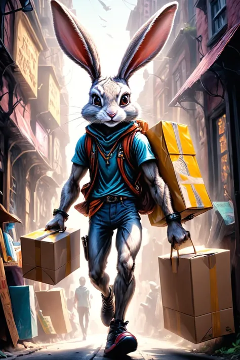 RAW photo of a skinny  anthro Rabbit Teleportation courier delivering time-sensitive packages at Psychic explorers delving into ...