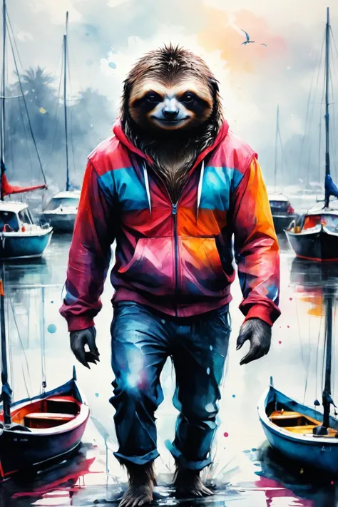 RAW photo of a skinny  anthro Sloth at Sailboats on a misty river harbor,  super detail, ultra-realism, Gorgeous splash of vibrant paint, colorsplash