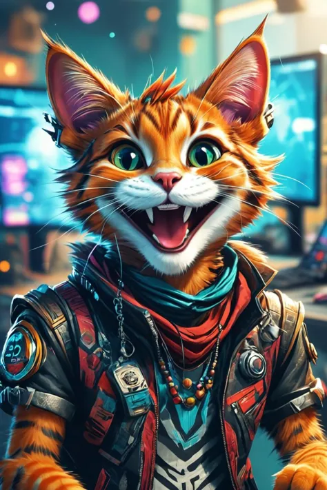 Detailed digital illustration of an anthro Cat (Laughing openly, genuine happiness) at a Cyberspace hub with virtual reality int...