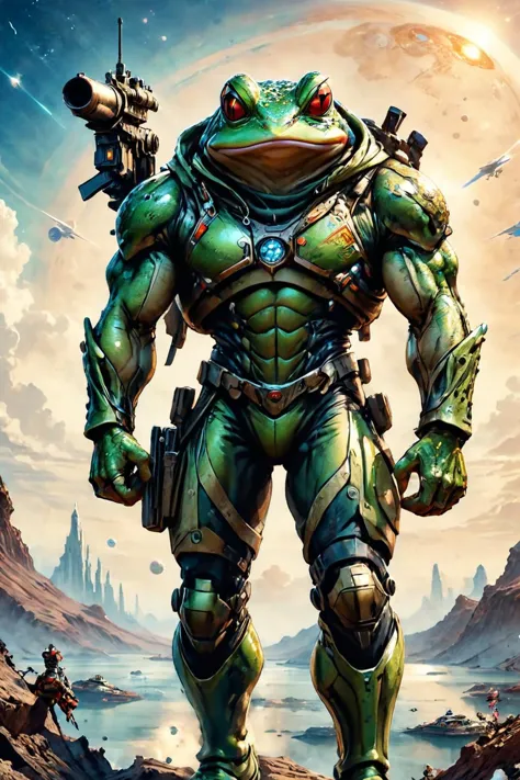 RAW photo of a skinny  anthro Frog Cybernetic sniper with precision targeting systems at Skyward islands in gas giant's atmosphe...